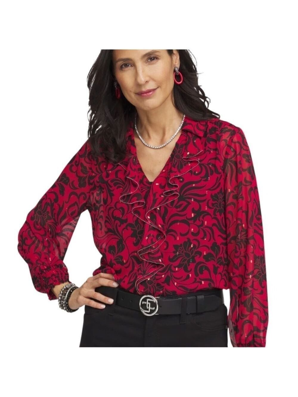 Chico's NWT Red Chiffon Ruffle Neck Shimmer V-Neck Long Sleeve Blouse Size 16